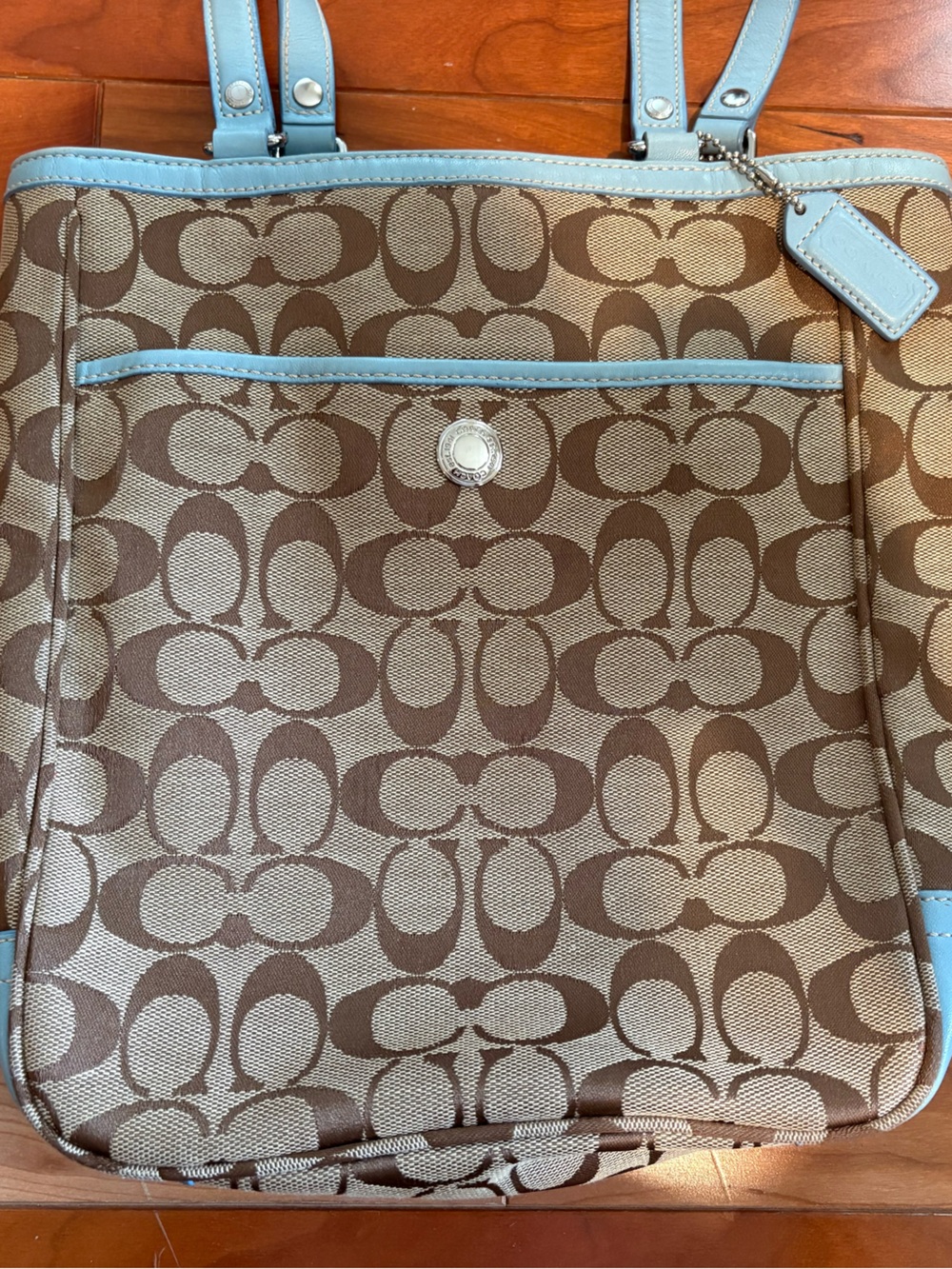 Coach Signature Hamptons Lunch Tote Blue Leather Trim - Picture 3 of 10